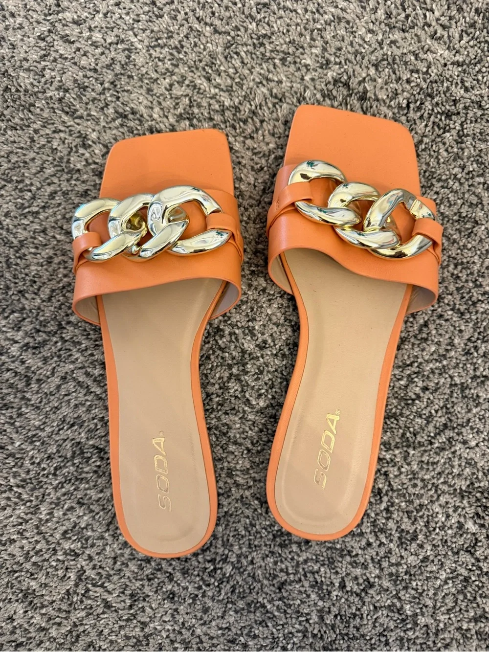 SODA Orange Slide Sandals with Gold Chain Accent